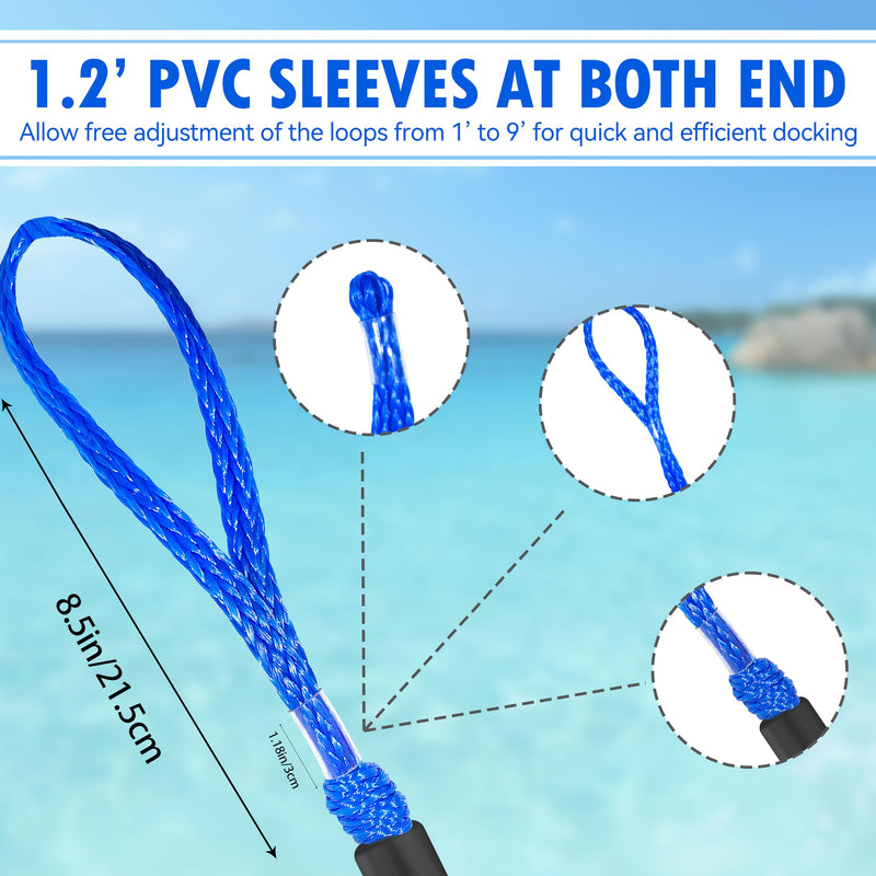 Boat Bungee Dock Lines 4 ft - Single Hook Dock Rope with 2 Loops, 2 Pack (Blue) blue