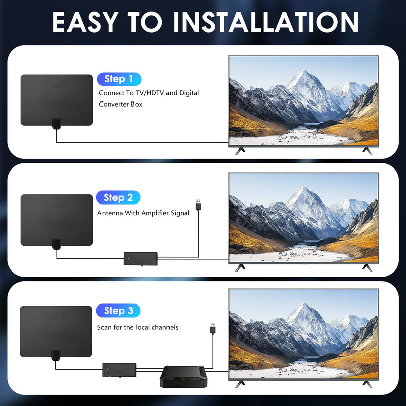 TV Antenna Indoor - Local Channels Digital TV Antenna - Supports 4K 1080p - with Signal Booster - Remote Reception Antenna for Smart TV and Old TVs - 16ft HDTV Coaxial Cable (Black) black Flat thin style