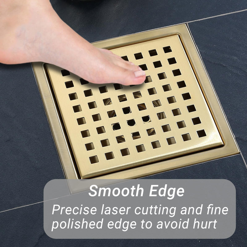 4 Inch Square Shower Floor Drain, Stainless Steel Black Shower Drain Kit with Flange, Floor Drain with Removable Grid Cover,Brushed Gold 4 inch-Grid Brushed Gold