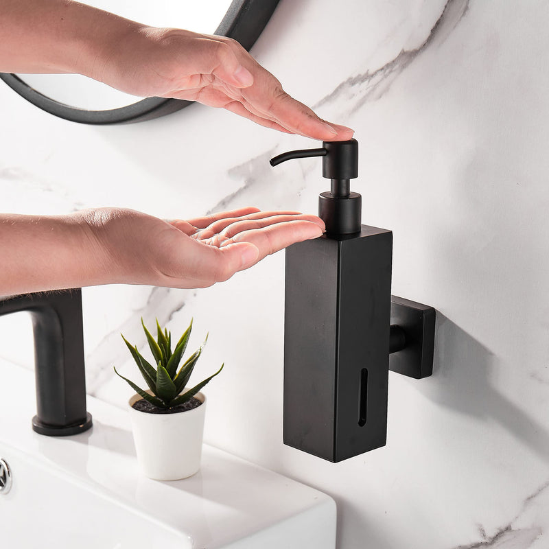 BATHSIR Matte Black Soap Dispenser, Refillable Shower Soap Dispenser Wall Mounted, Stainless Steel Clear Hand Soap Dispenser with Pump for Bathroom Kitchen Sink Dish (Square 200ML) square