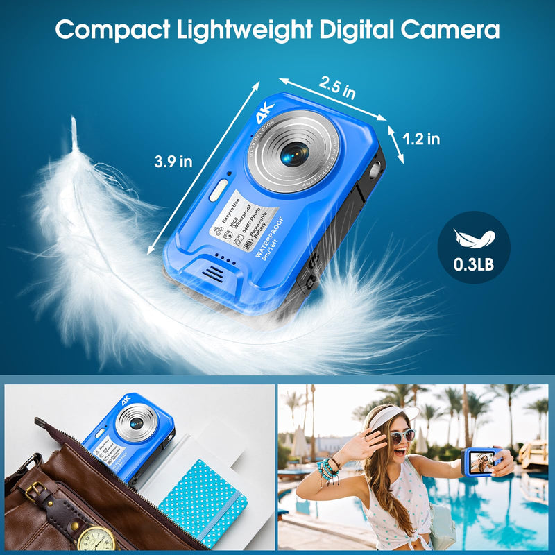 4K Underwater Camera, 64MP 16FT Compact Waterproof Camera with 16GB Card | Floatable Digital Camera, 16X Digital Zoom, Auto Focus, Fill Light, 650mAh Battery, Ideal for Travel, Surfing, Swimming Blue