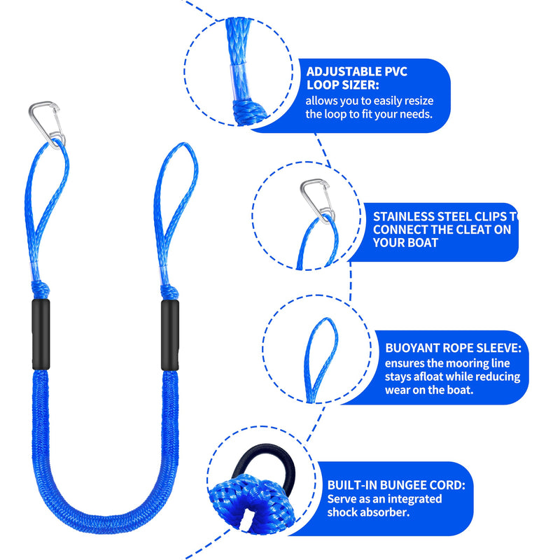 Boat Bungee Dock Lines 4 ft - Single Hook Dock Rope with 2 Loops, 2 Pack (Blue) blue