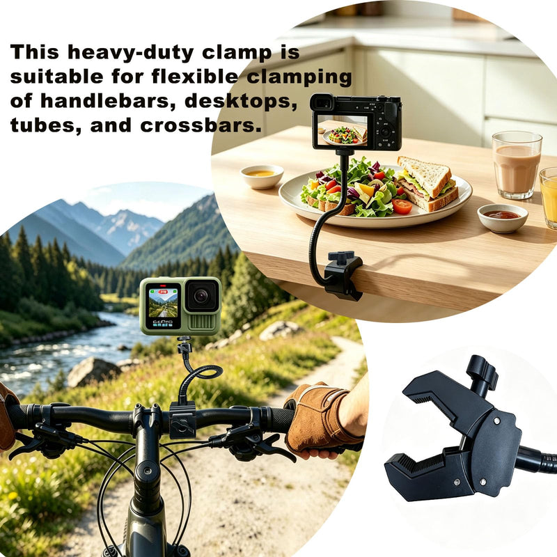20cm Gooseneck Clamp Camera Mount with 1/4" Screw & 360° Ball Head | Flexible Clip Mount for Handlebar, Desk, Tube, Cross Bar – Compatible with GoPro, Ring, Google Nest, Wyze, Arlo