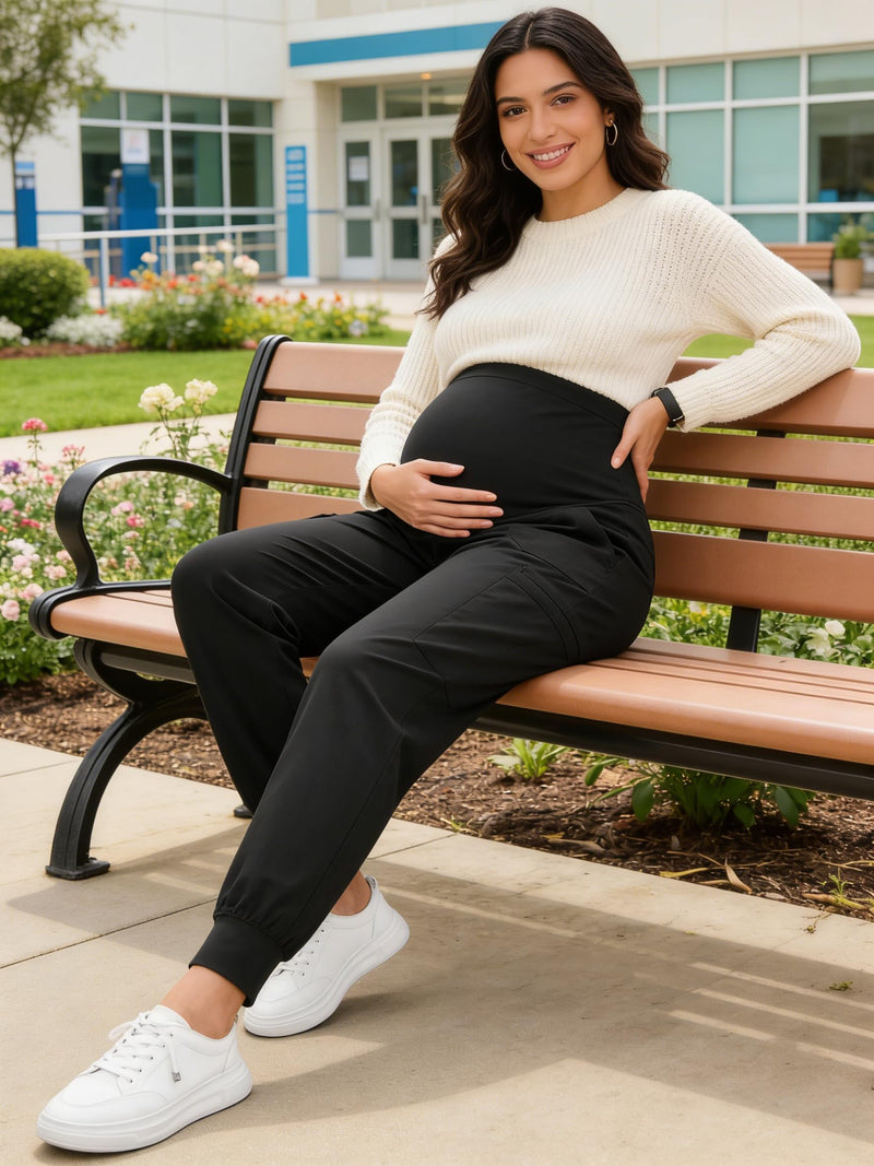 PACBREEZE Women's Maternity Scrubs with 6 Pockets, Workwear Maternity Jogger Scrubs Pregnancy Pants, S-XXL Large 01 Update Black