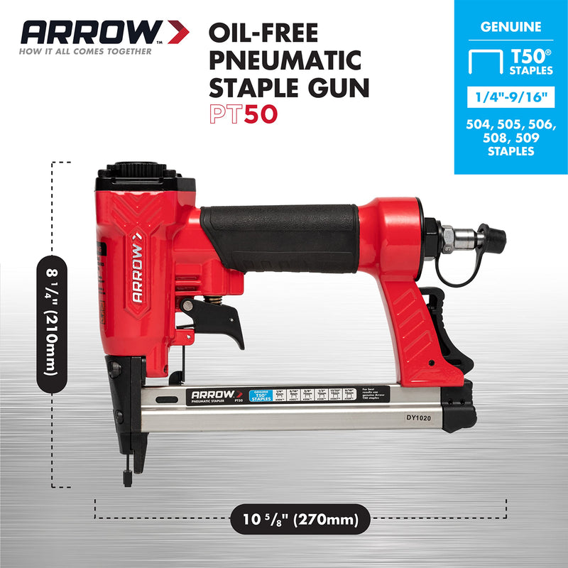 Arrow PT50 Oil-Free Pneumatic Staple Gun, Professional Heavy-Duty Stapler for Wood, Upholstery, Carpet, Wire Fencing, Fits 1/4”, 5/16”, 3/8", 1/2", 9/16” Staples , Red 1 Unit