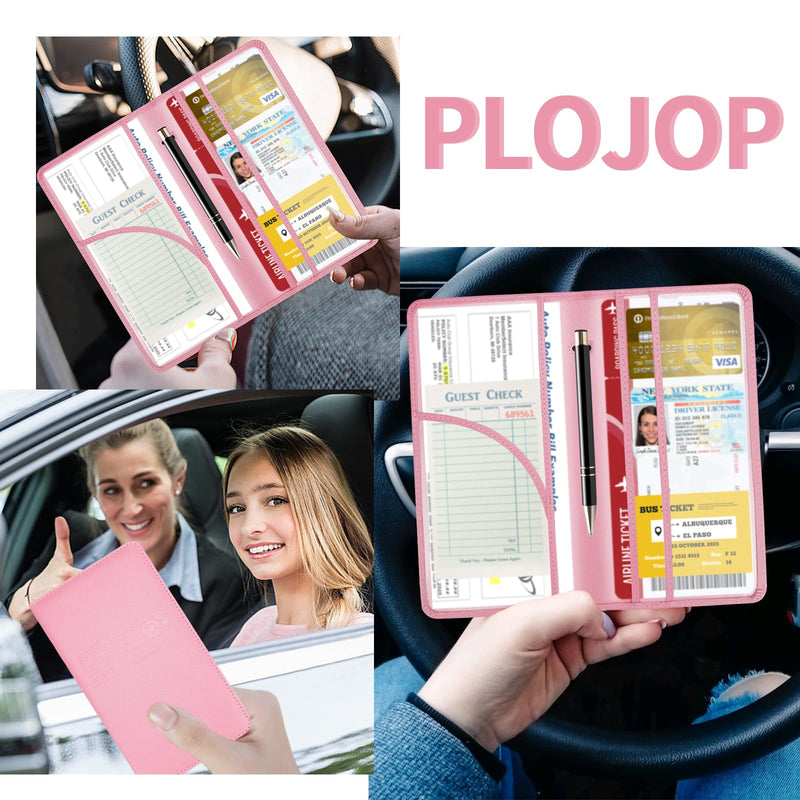 PLOJOP Car Registration and Insurance Card Holder, Leather License Document Pink Glove Box Compartment Organizer, Car Wallet Case for Essential Info, License Cards, ID Card L