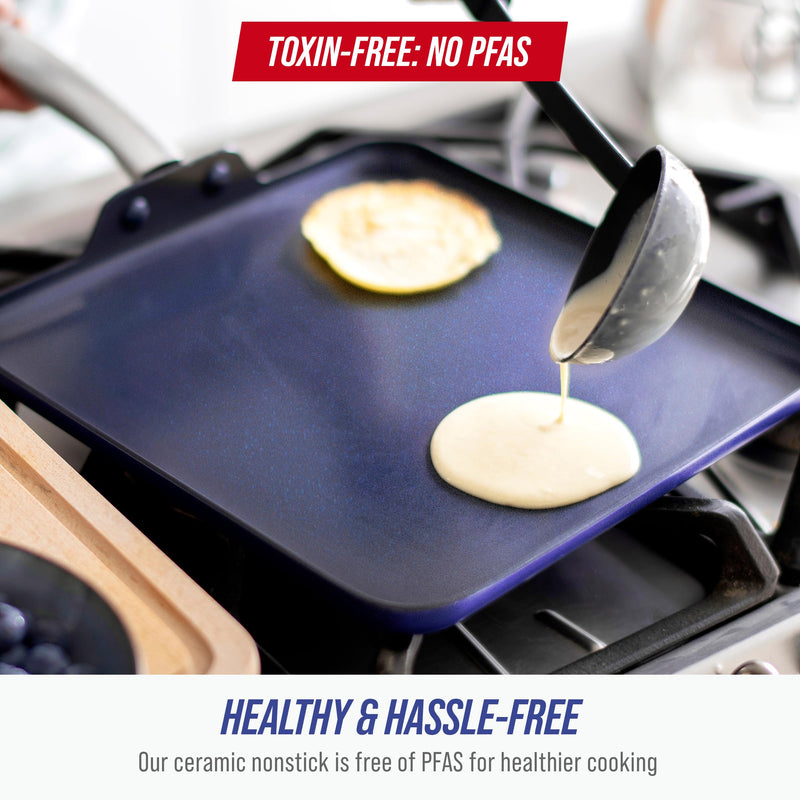 Blue Diamond 11" Nonstick Square Griddle Pan, Non Toxic PFAS-Free Diamond Ceramic, Dishwasher & Oven Safe, Even Heating, Metal Utensil Safe, Warp Control, Blue 11" Griddle Pan