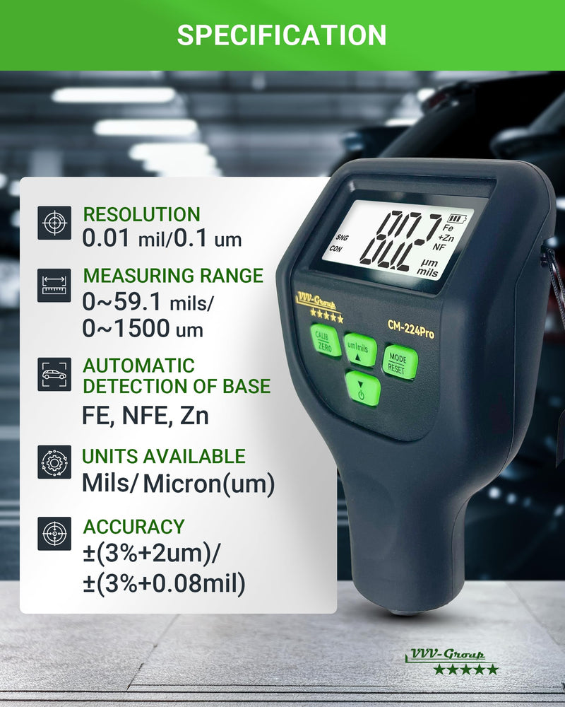 Paint Thickness Gauge – CM-224Pro Automotive Coating Thickness Meter 0–59.1 mils (0–1500 µm), 0.01 mils (0.1 µm) Resolution, Fe/NFe/Zn Auto Detection, Auto Calibration Fe/Al/Zn