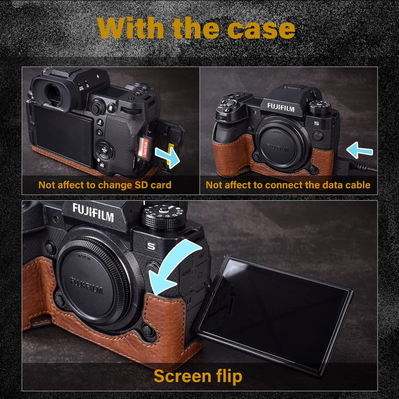 MUZIRI KINOKOO Case for Fuji XH2S/X-H2S/XH2 Digital Camera, Genuine Leather X-H2S Half Case with Opening Bottom and Enhanced Grip Design - Brown