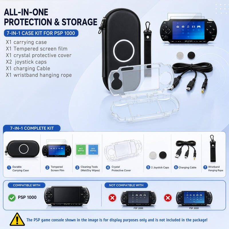 7-in-1 Accessories Kit for PlayStation Portable 1000-Black Carrying Case with Screen Protector, crystal protective cover ,2 joystick caps, charging Cable & wristband hanging rope