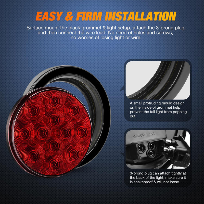 Nilight - TL-18 2PCS 4" Round Red LED Trailer Tail Lights w/Surface Mount Grommet Plugs IP67 Stop Brake Turn Tail Lights for Truck Trailer RV Jeep Red 2pcs