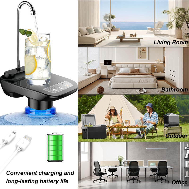 5 Gallon Black Drinking Water Dispenser Pump, Automatic Electric Desk Water Pump for 1-5 Gallon Water Jugs, Portable Rechargeable Electric Water Bottle Pump for Home, Kitchen, Office, Camping