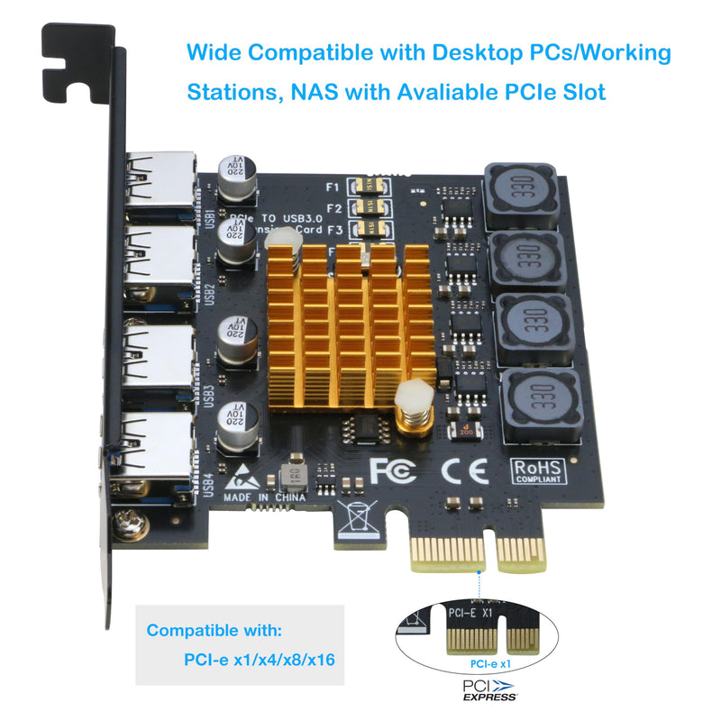 RIITOP USB 3.0 PCIe Card 4-Port PCI Express x1 to USB 3.0 Expansion Adapter Internal USB3 HUB on PC for WIN 11/10 (No Additional Power Required)