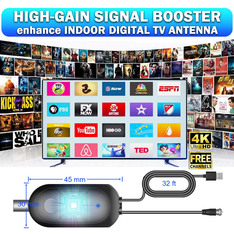 TV Antenna Amplifier 25dBi High Gain HDTV Signal Booster, Low Noise USB Powered for Digital Indoor HDTV 4K 1080P ATSC VHF UHF, Compatible with All TV Antennas (Black)