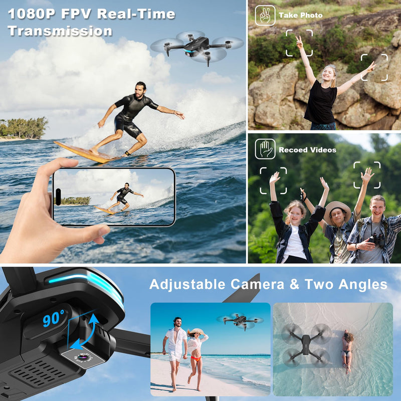 1080P Drones with Camera for Adults, Foldable Drone with 2 Batteries | FPV App Control Quadcopter with Carrying Case, Optical Flow Hover, One Key Start, 3 Speed Modes and 360° Flip Black