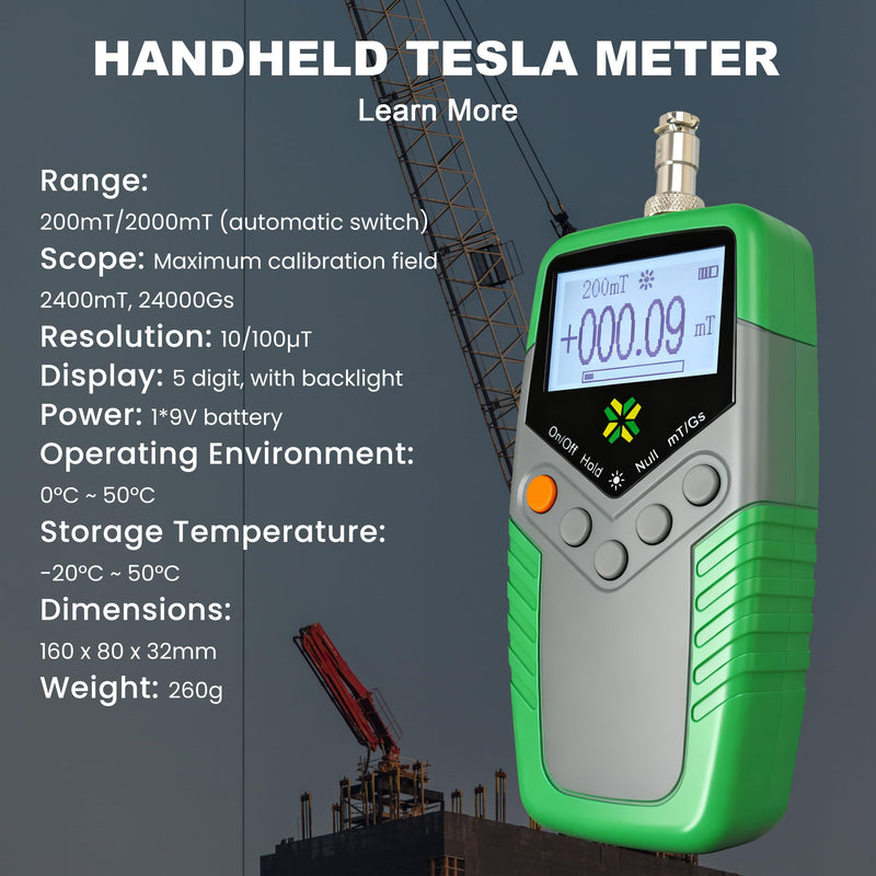 Digital Tesla Meter Gaussmeter with 0-200mT/0-2000mT Range Gauss Meter with Accuracy ±2% (0~1000mT)/±5% (1000~2400mT) Magnetic Field Tester with Backlight for DC Magnetic Fields (Model TES11A) Standard Version
