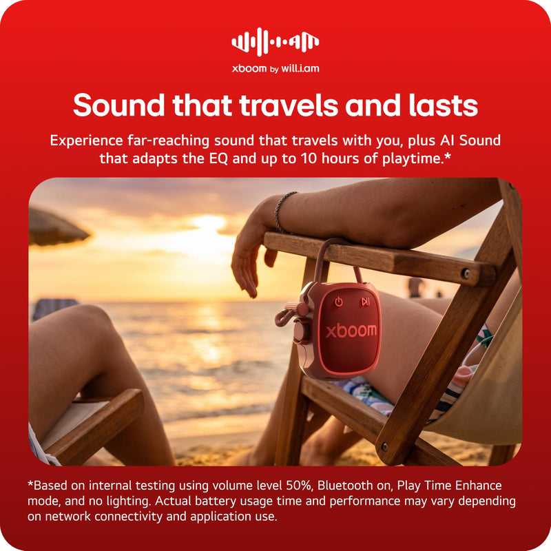 LG xboom Rock by will.i.am, Portable Outdoor Bluetooth Speaker, up to 10 Hours, IP67 Dust and Water Resistant, Adjustable Mounting Cord, Red