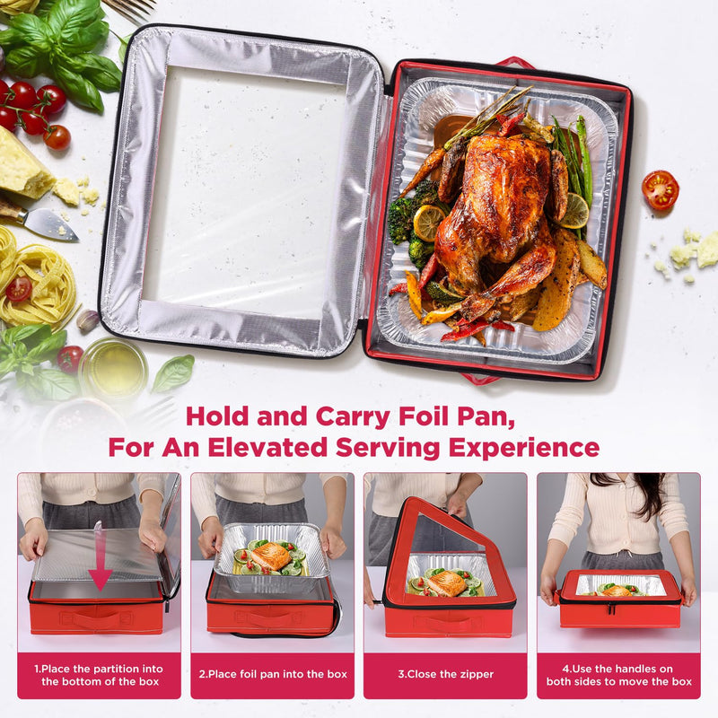 OUTXE 2 Pack 9x13 in Foil Pan Carrier with Lid, PU Leather Foil Pan Holder with Handle, Serving Tray for Food, Stackable Aluminum Pan Holder, for Travel, Potlucks, Parties, BBQ, Picnics, Home (Red)