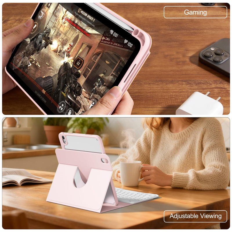 for iPad A16 11th/10th Gen Case with Keyboard, Rotating Folio Cover | 360 Degree Rotating Detachable Rugged Cover & Pencil Holder, Removable Wireless Keypad, Portrait/Landscape Mode, Pink