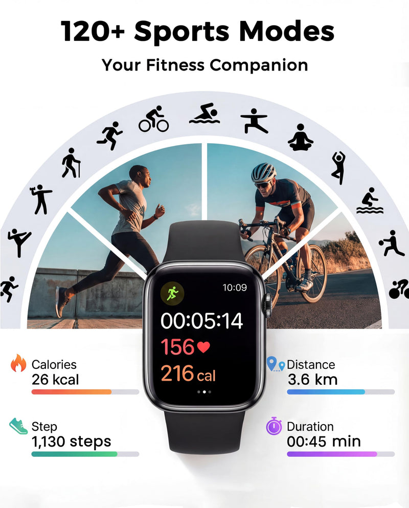 Smart Watch, Fitness Watch for Women Men with 24/7 Heart Rate/Blood Pressure Monitor,Pedometer, Sleep Tracker, 120+ Sport Modes, IP68 Waterproof Activity&Fitness Tracker Compatible with Android iPhone Black