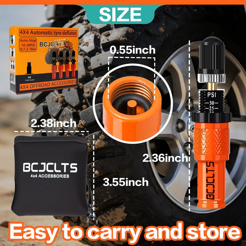 Adjustable Auto-Stop Tire Deflator Valve Kit (10-30 PSI) Tire Air Down Tool Offroad 4x4 Screw-on Automatic Tire Deflators. (4, Orange) 4