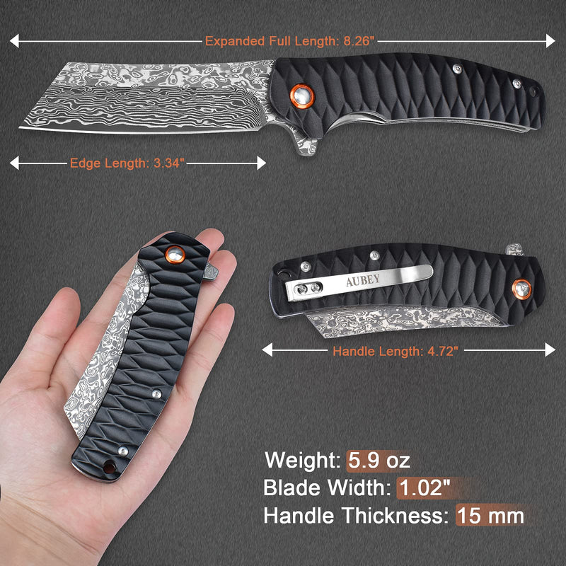 AUBEY Damascus Pocket Knife, 3.34" Damascus Steel Hollow Grind Blade, Folding Knife with Ball Bearing, Aluminum Handle, EDC Knife for Outdoor Camping Hunting A-Black Aluminum Handle