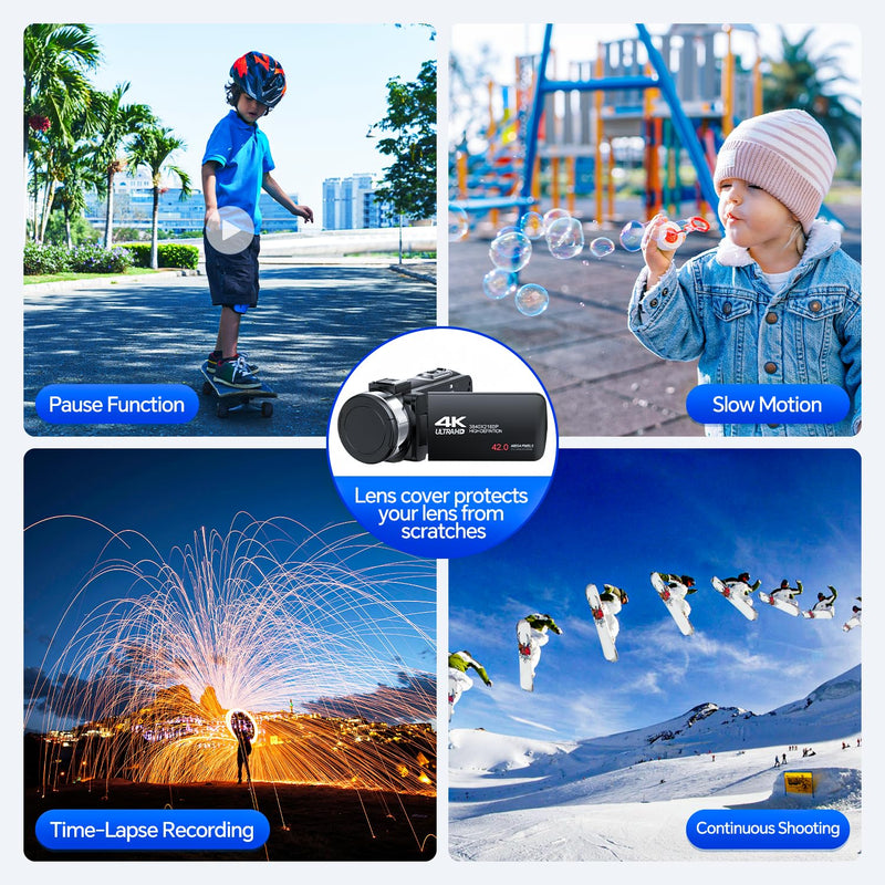 4K Video Camera Camcorder 42MP Vlogging Camera for YouTube with 3” 270° Rotation Screen, 18X Digital Zoom Cam Corder, 2 Rechargeable Batteries, 32GB SD Card & Remote Control Black