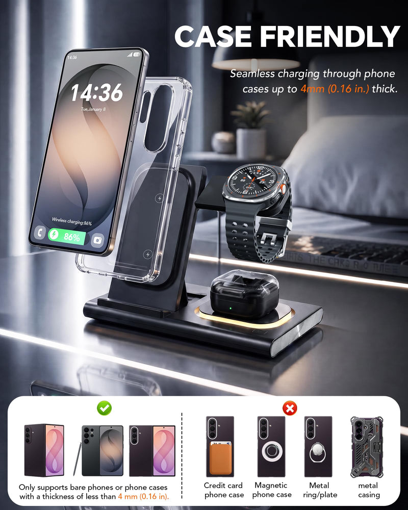 3 in 1 Charging Station for Samsung Charger, Foldable & Night Lamp | Wireless Charger for Samsung S26/Galaxy Watch Ultra/8/7/Galaxy Buds4,Tidy Desktop,Rotatable Watch Part,Not for Watch 9/Ultra2 Black