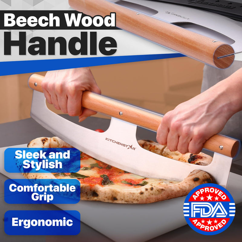 KitchenStar 14-Inch Pizza Cutter Rocker Blade - Razor Sharp Stainless Steel Slicer Knife, Stylish Beech Wood Handle, Protective Cover - Professional Pizza Oven Accessories, Silver 14 inch a) Silver