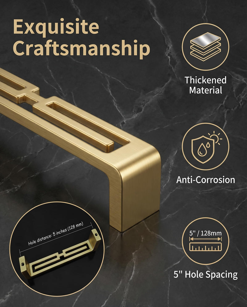 Mou 4 Pcs of Chinese Cabinet Hardware Handles, Drawer Pulls, Closet Handles Stylish Golden Copper Handles Double-Hole Handle