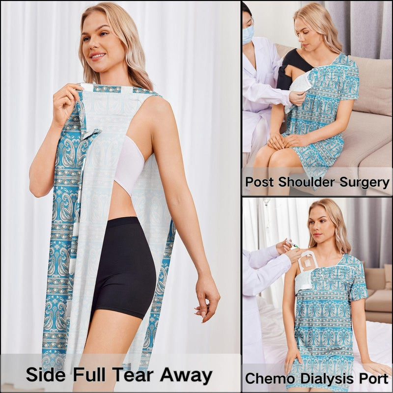 Deyeek Post Shoulder Surgery Dress Women Side Full Tear Away After Rotator Cuff Chemo Dialysis Port Adaptive Clothing Blue Print X-Large