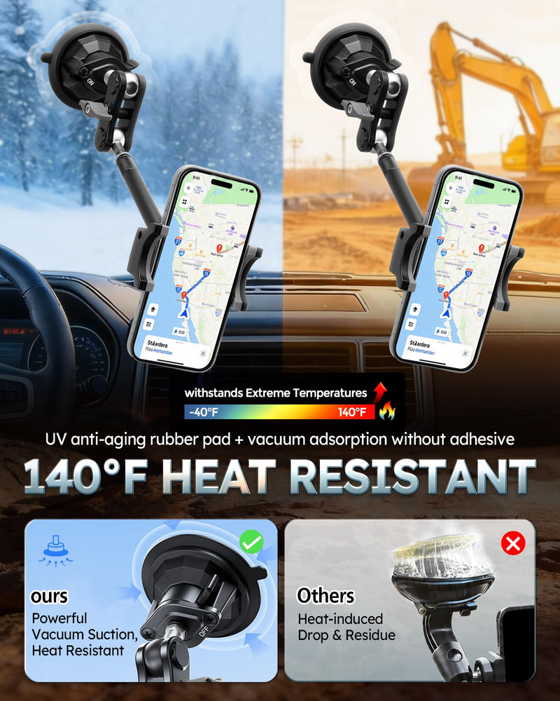 Semi Truck Phone Mount for Drivers, 360° Anti-Shake with Extension Rod | Class 8 Cab Suction Mount, Ultra-durable Metal, Fits Most Smartphones or Kenworth, Peterbilt, Freightliner Extended black