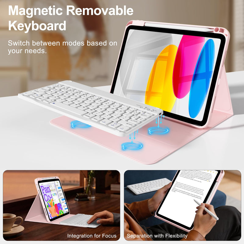 for iPad A16 11th/10th Gen Case with Keyboard, Rotating Folio Cover | 360 Degree Rotating Detachable Rugged Cover & Pencil Holder, Removable Wireless Keypad, Portrait/Landscape Mode, Pink
