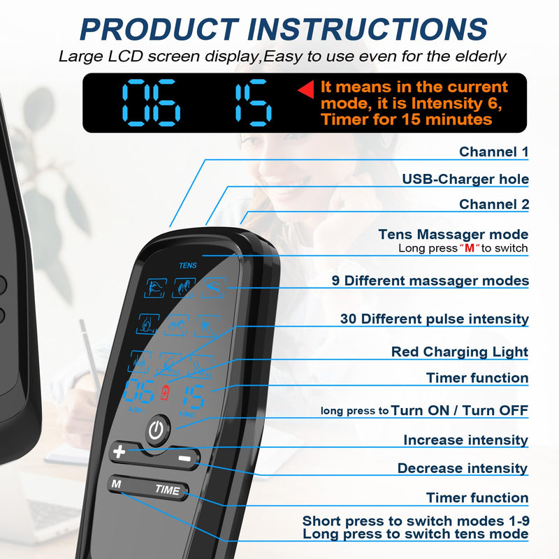 Dual Channel TENS Unit for Pain Relief Rechargeable Electronic Pluse Muscle Stimulator Massager Low-Frequency Multi-Function Physiotherapy Instrument with 10pcs Electrode Pads