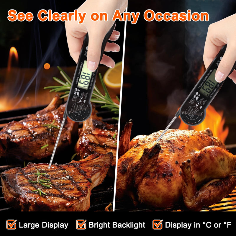 Meat Thermometer Digital - Food Thermometer with Bottle Opener for Cooking, Instant Read with Backlight & Calibration, Convenient for Grilling, Cooking, BBQ, Kitchen Use, Compact & Easy Storage Black