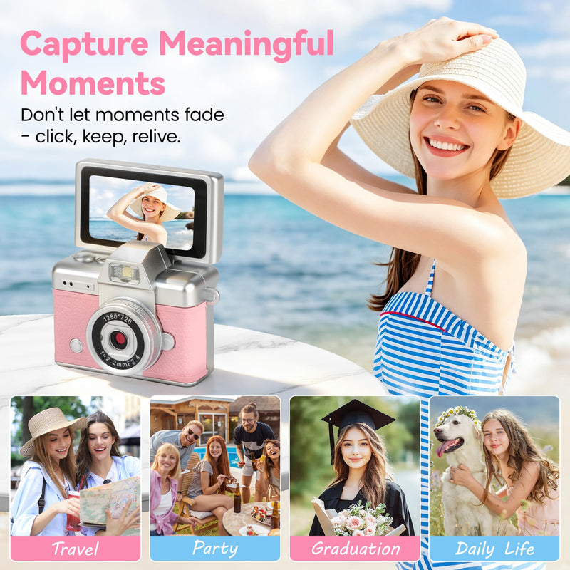 Mini Flip Screen Digital Camera, 1.47 Inch Pocket Retro Camera with USB-C Charging, 1080P/720P Video, MicroSD Support Up to 128GB, Portable Keychain Camera (Pink) Pink