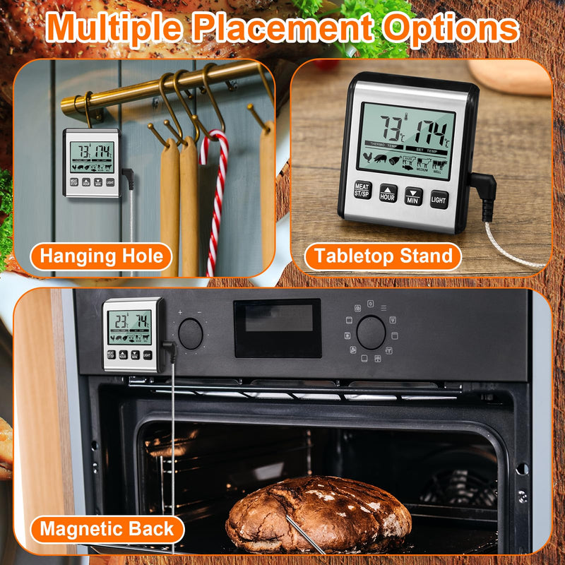 2 Pcs TP710 Digital Cooking Meat Thermometer, Large LCD Backlight Food Thermometer with Stainless Steel Probe and Timer for Kitchen Oven BBQ Grilling Deep Fry Smoker