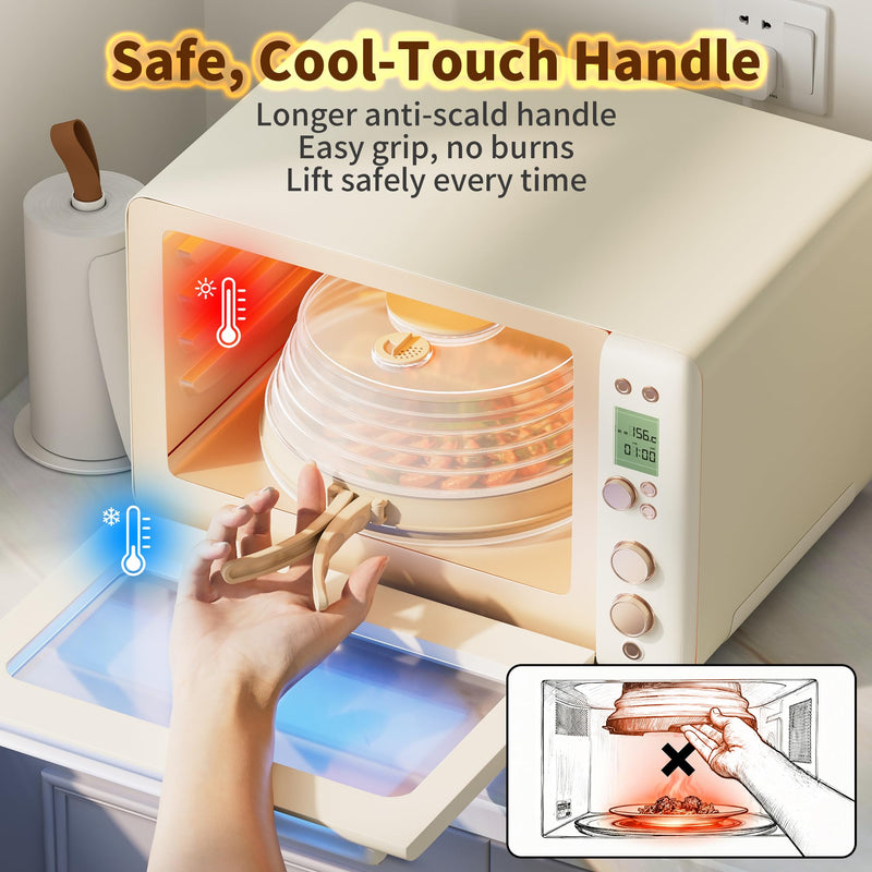 10 inch Microwave Splatter Cover for Food with Water Steamer, Collapsible Plastic & Silicone Microwave Plate Cover with Handle and Anti-Scald Base Plate, Kitchen Cooking Guard, Beige