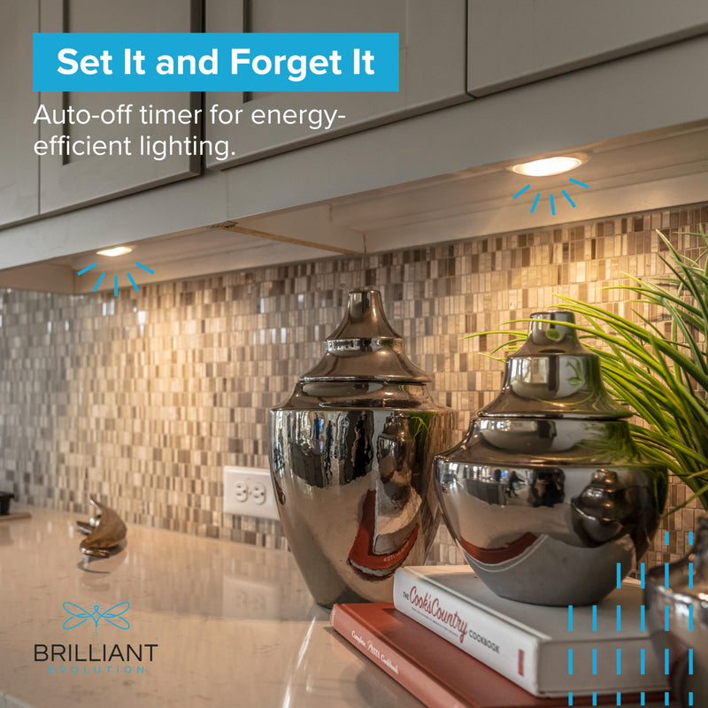 Brilliant Evolution 6-Pack Wireless RGB LED Lights - Battery Operated Puck Lights with 2 Remotes - Color-Changing LED Under Cabinet Lighting - 55 Lumens Each Night Light for Cabinets, Shelves, Walls