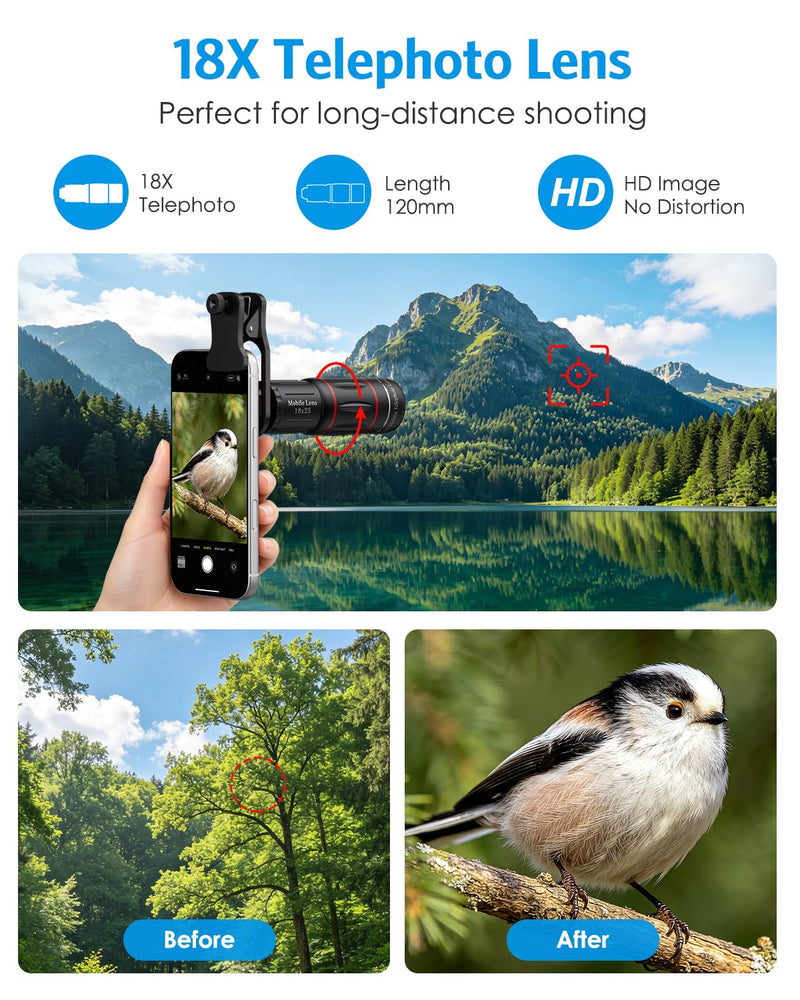 AMIR 18X Telephoto Lens, High Power Phone Camera Lens with Tripod, HD Monocular Telescope Attachment for Samsung, Android & iPhone, Smartphones
