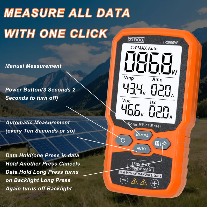 ZIBOO FT-2000W Solar Panel Tester MPPT Meter - 2000W Max Power, 150V/35A PV Module Tester for Voc/Isc, Open Circuit Voltage & Short Circuit Current, with Backlight & Data Hold