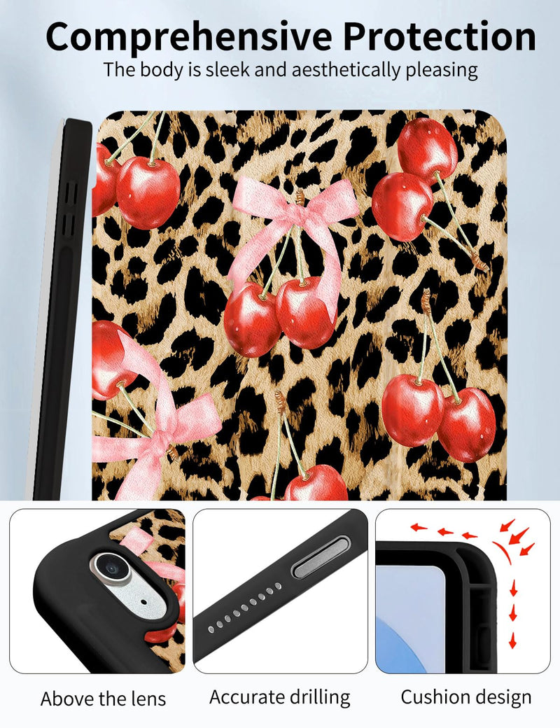 Case for iPad A16 11th Generation 11 Inch 2025, iPad Case 10th Generation 10.9 Inch 2022, Slim Lightweight Soft Trifold Back Cover with Pencil Holder & Auto Sleep/Wake Cover Cherry Cheetah Bow Brown Leopard & Pink Bow