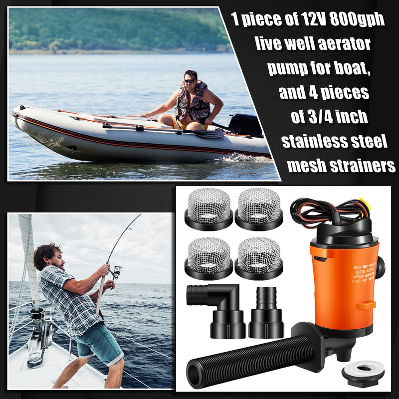 Retisee 12V 800GPH Livewell Pump Kit for Boat Aerator Pump with 4 3/4'' Stainless Steel Mesh Strainer Marine Baitwell Replacement for Fishing Tank Submersible Cartridge Aerator Boat Marine Yacht