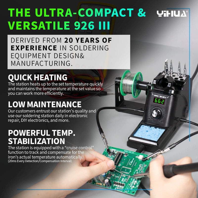 YIHUA 926 III 60W Digital Display Soldering Iron Station Kit w 2 Helping Hands, 6 Extra Iron Tips, Lead-Free Solder, Solder Sucker, S/S Tweezers, °C/ºF Conversion, Auto Sleep & Calibration Support Black