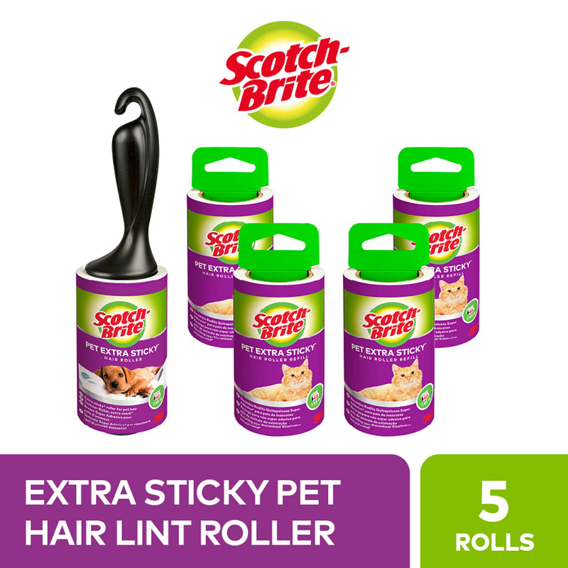 Scotch-Brite Extra Sticky Lint Roller, Works Great on Pet Hair, 5 Rolls (48 Sheets Per Roll, 240 Total Sheets), Purple/White Extra sticky kit Single