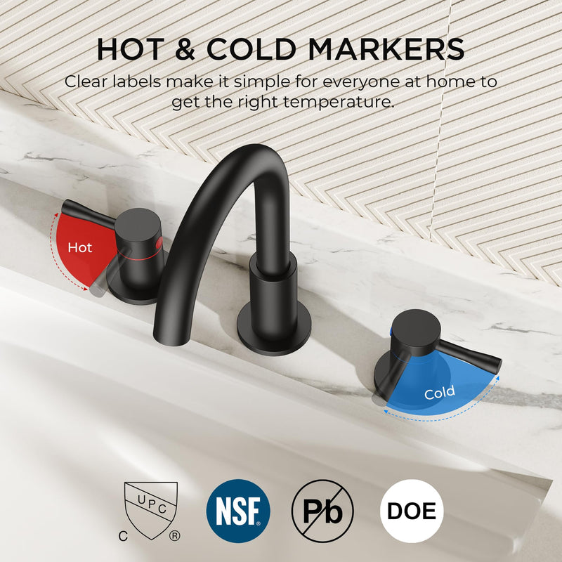 FORIOUS Black Bathroom Faucet 3 Hole, 360° Swivel 8 Inch Widespread Bathroom Sink Faucet and Pop Up Drain 2 Handle Faucets for Sink, Vanity, RV, Lavatory, Farmhouse Matte Black