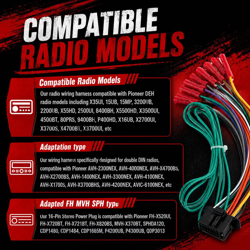 16-Pin Car Radio Wiring Harness,Automotive Stereo Wiring Harness for Connecting Stereo to Car Electrical System,Wirings Harnesses Compatible with Pioneer DEH AVH AVIC MVH FH SPH