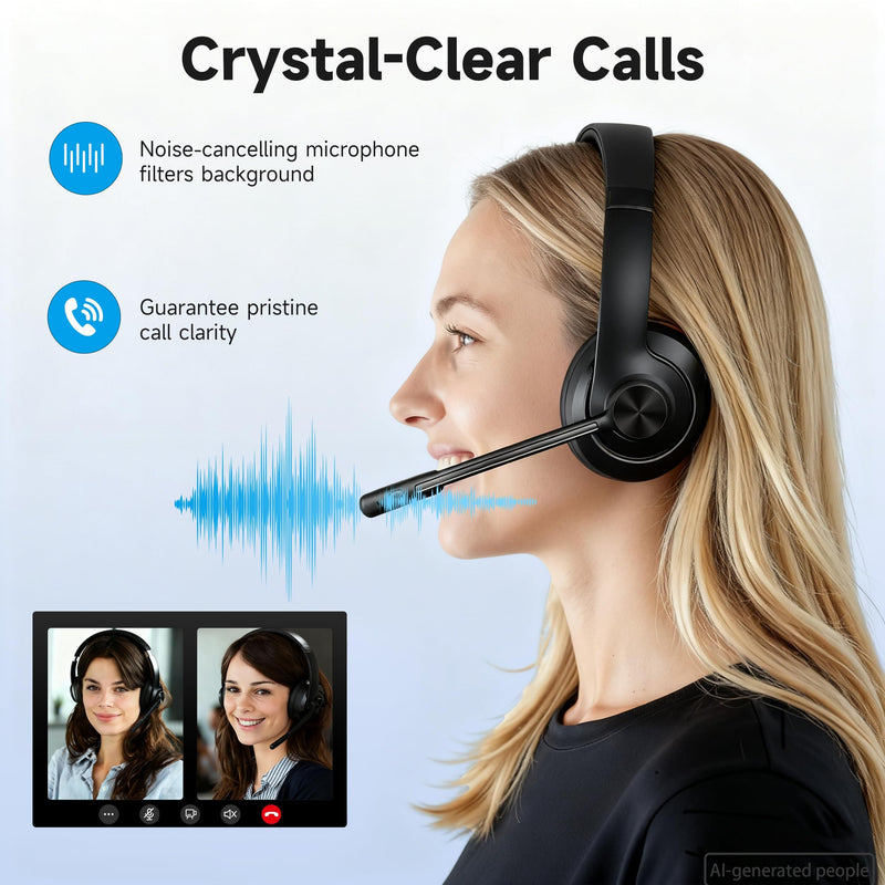 AOC Wireless Headset with Mic for Work, Bluetooth 5.4 Computer Headphones. | with USB-A Dongle, Clear Call Mic, 30H Battery, One-Touch Mute, Great for PC, Laptop, Home Office, Zoom, Phones - Black