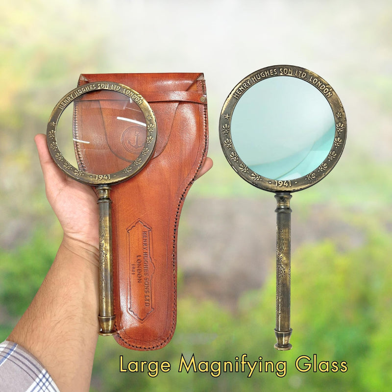 Large 10x Brass Magnifying Glass by The Magic Bella – Antique Henry London Engraved Solid Brass Magnifier with Optical Lens, Vintage Marine Style, Leather Case for Reading & Coins Large