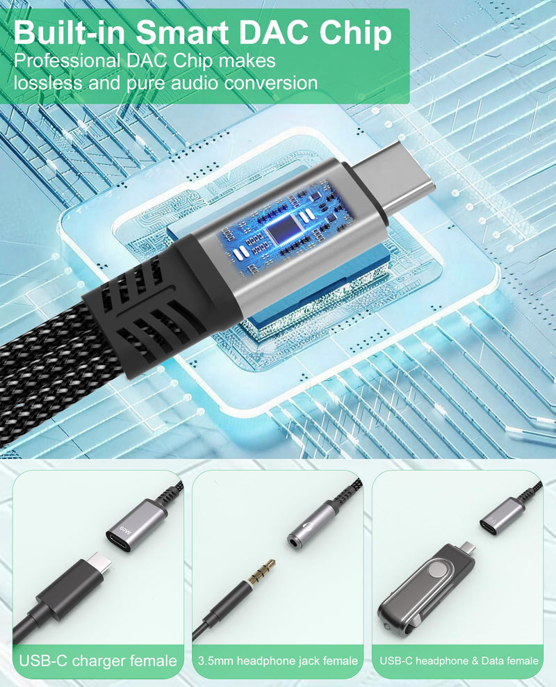 3 in 1 USB C Headphone Splitter Headphone Adapter with 60W Charging and Data, USB-C to 3.5mm Headphone & Dual USB C Splitter, PD Fast Charging/Data/Music/Calling for iPhone 17/16/15, iPad, MacBook